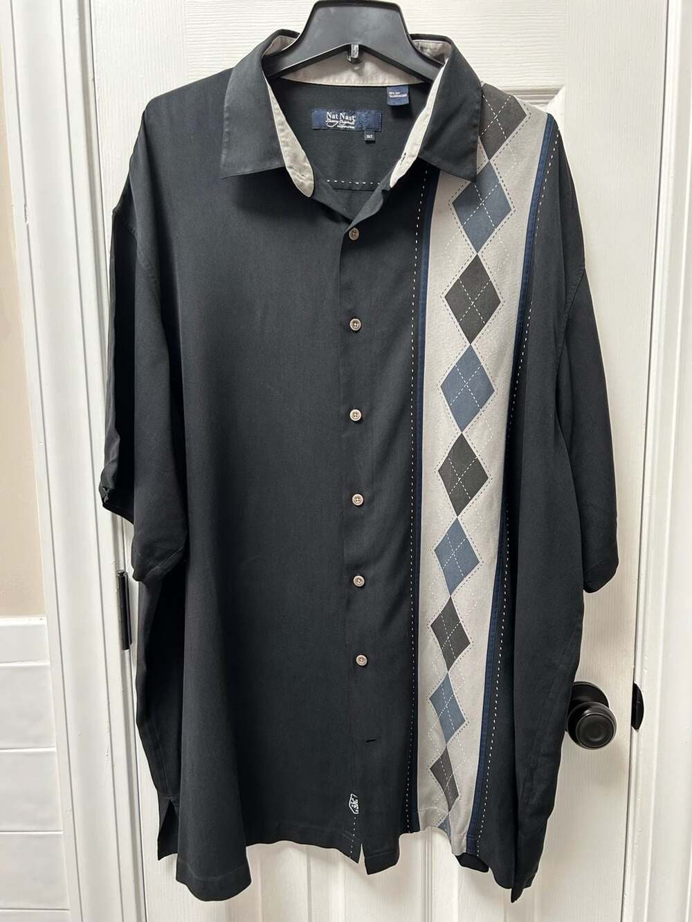 Nat Nast Luxury Originals Shirt Mens 3XT Black 100% Silk Argyle Panel Tall 3XLT